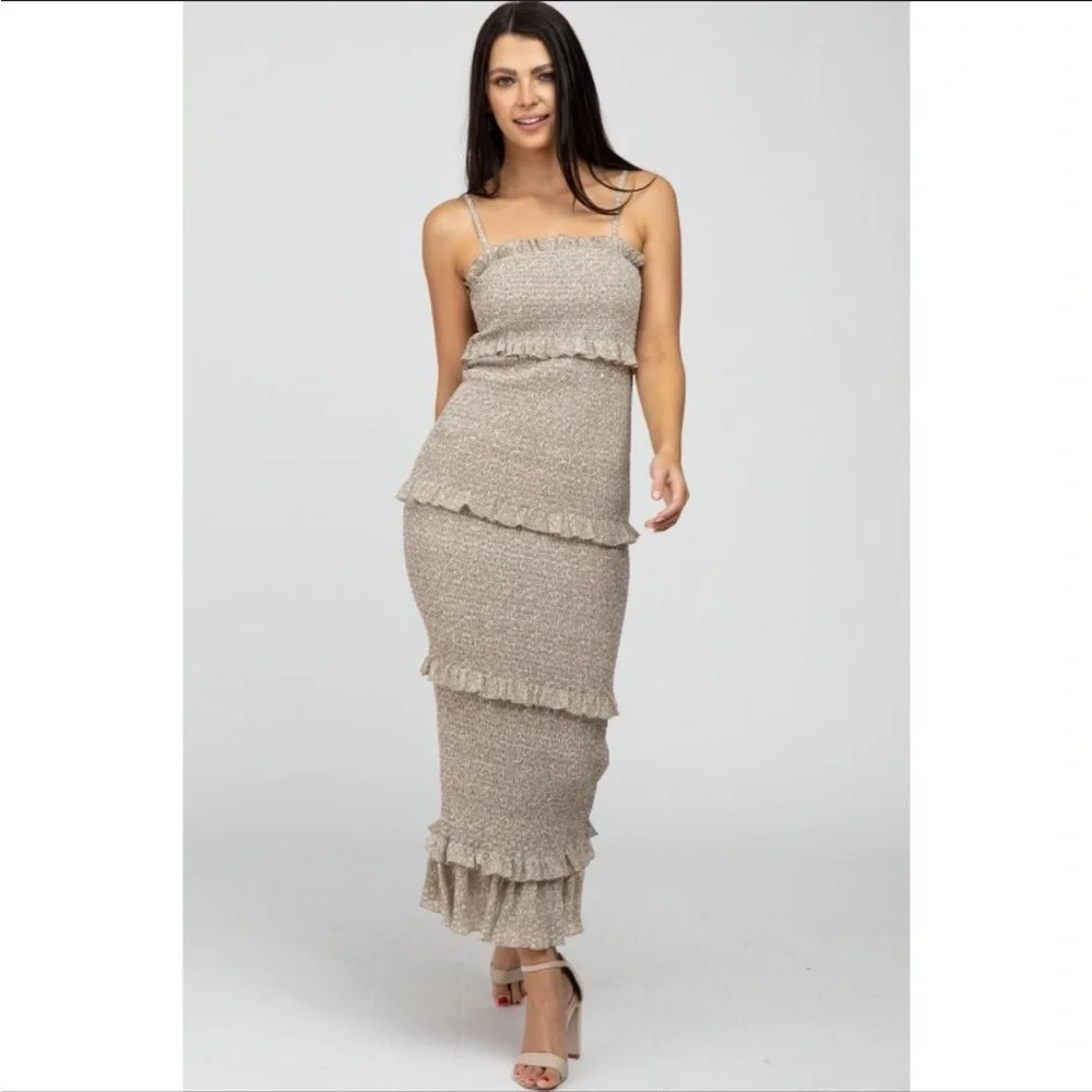NWOT PinkBlush Taupe Leaf Print Smocked Fitted Maternity Midi Dress Taupe Medium